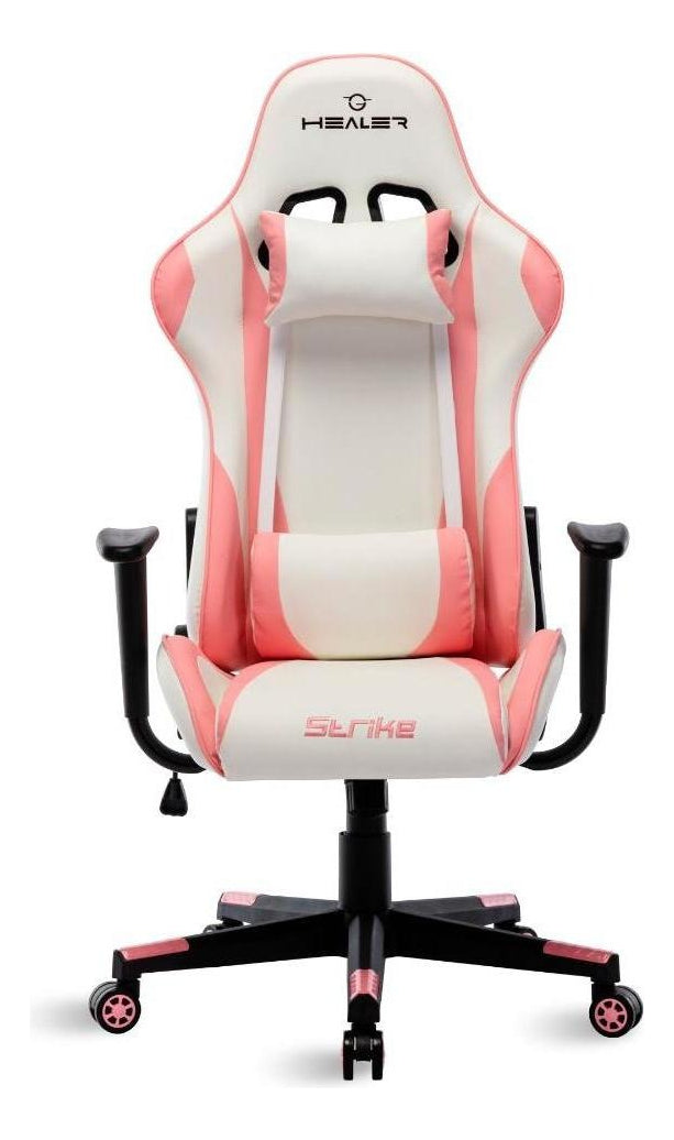 Cadeira Gamer Branco E Rosa Healer Strike Reclinável