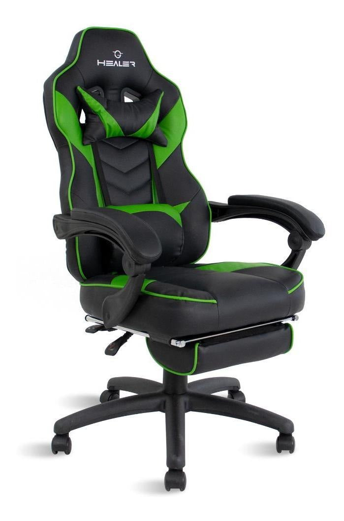 Cadeira de escritório Healer Alien gamer ergonômica preto e verde com estofado de couro sintético