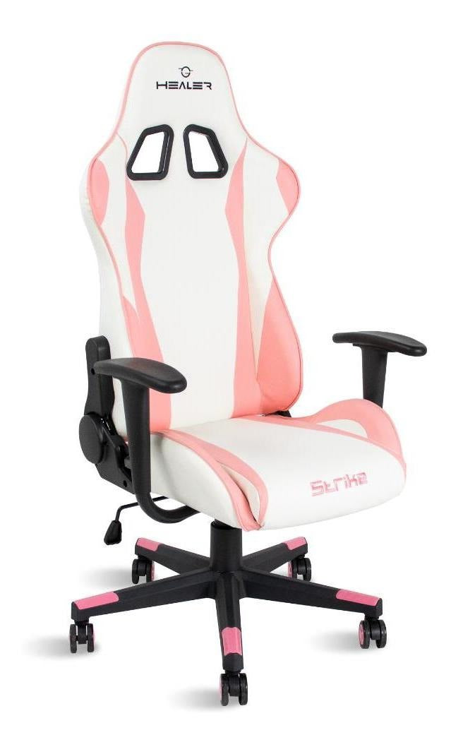 Cadeira Gamer Branco E Rosa Healer Strike Reclinável