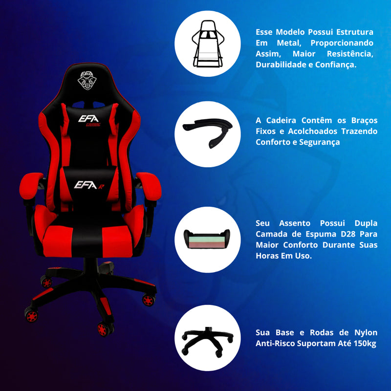 Cadeira de escritório EFA GAMING R gamer ergonômica vermelha com estofado de couro sintético