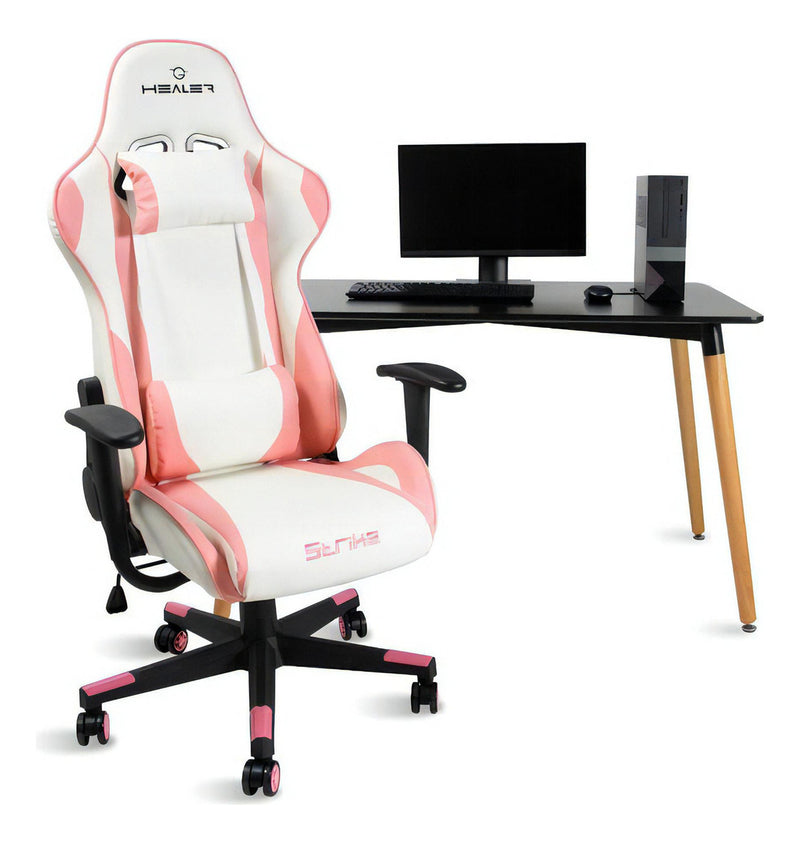 Cadeira Gamer Branco E Rosa Healer Strike Reclinável