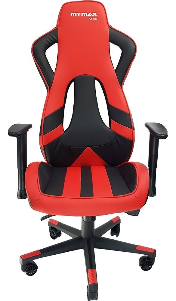 Cadeira de escritório Mymax MX11 gamer ergonômica preta e vermelha com estofado em tecido sintético