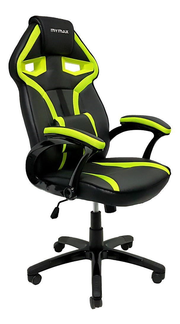 Cadeira de escritório Mymax MX1 gamer ergonômica preto e verde com estofado em tecido sintético